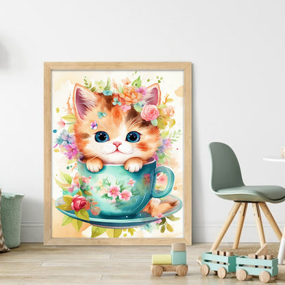 Teacup Cat - 11CT Stamped Cross Stitch 40*50CM