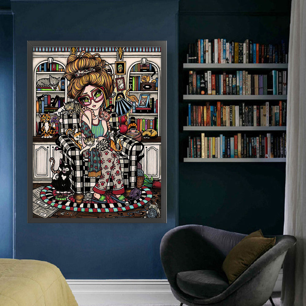 Big-Eyed Girl And Cat - 11CT Stamped Cross Stitch 45*60CM