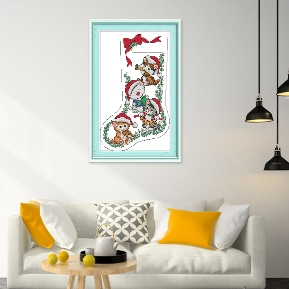 Kitten Christmas Stocking - 16CT Stamped Cross Stitch 30*43CM(Joy Sunday)