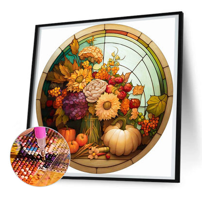 Round Plate Glass Painting Pumpkin Sunflower - Full Round Drill Diamond Painting 30*30CM