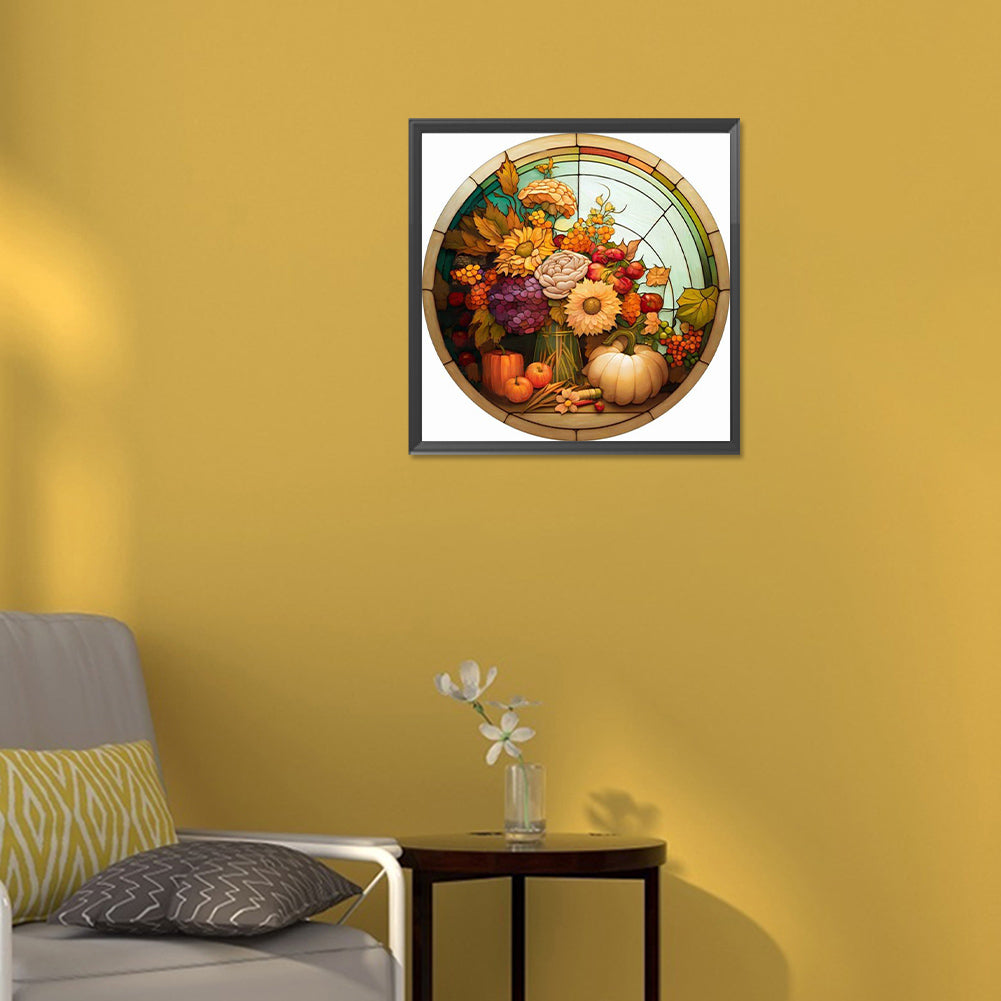 Round Plate Glass Painting Pumpkin Sunflower - Full Round Drill Diamond Painting 30*30CM