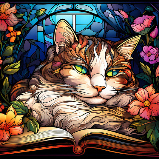 Glass Painting Of A Cat Reading A Book - Full Round Drill Diamond Painting 30*30CM