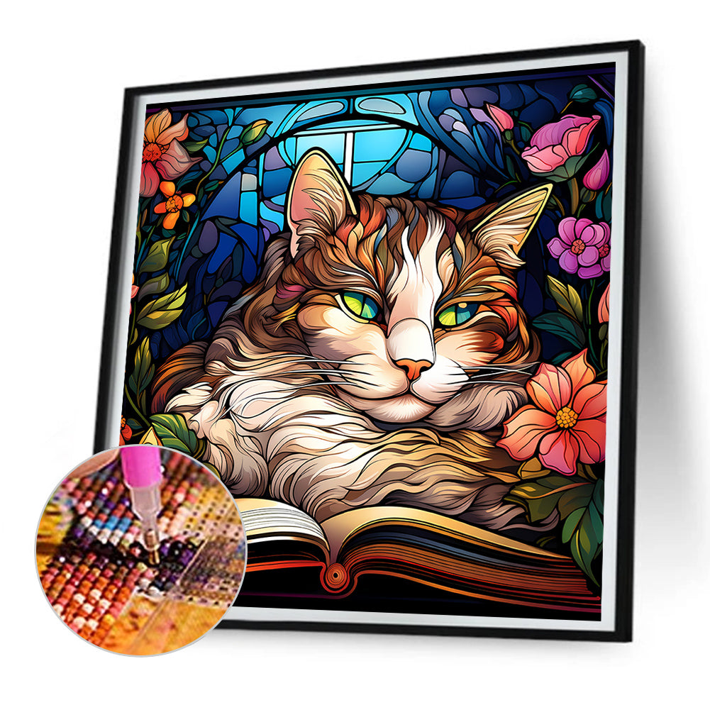 Glass Painting Of A Cat Reading A Book - Full Round Drill Diamond Painting 30*30CM