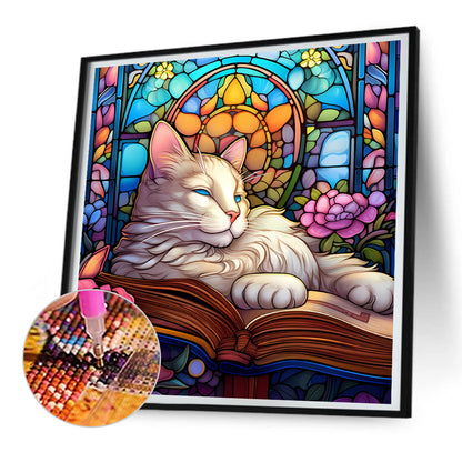 Glass Painting Of A Cat Reading A Book - Full Round Drill Diamond Painting 30*30CM