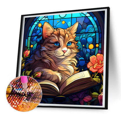 Glass Painting Of A Cat Reading A Book - Full Round Drill Diamond Painting 30*30CM