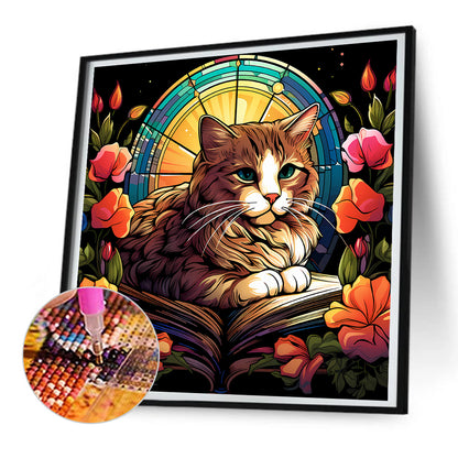 Glass Painting Of A Cat Reading A Book - Full Round Drill Diamond Painting 30*30CM