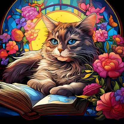 Glass Painting Of A Cat Reading A Book - Full Round Drill Diamond Painting 30*30CM