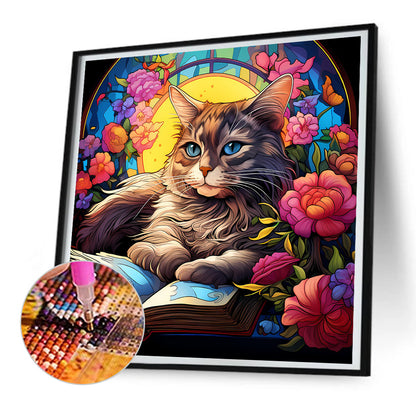 Glass Painting Of A Cat Reading A Book - Full Round Drill Diamond Painting 30*30CM