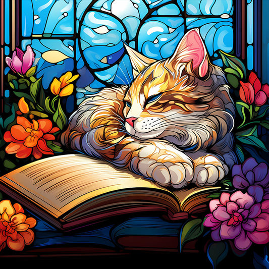 Glass Painting Of A Cat Reading A Book - Full Round Drill Diamond Painting 30*30CM