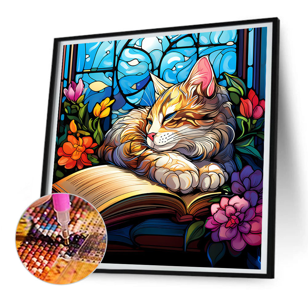 Glass Painting Of A Cat Reading A Book - Full Round Drill Diamond Painting 30*30CM