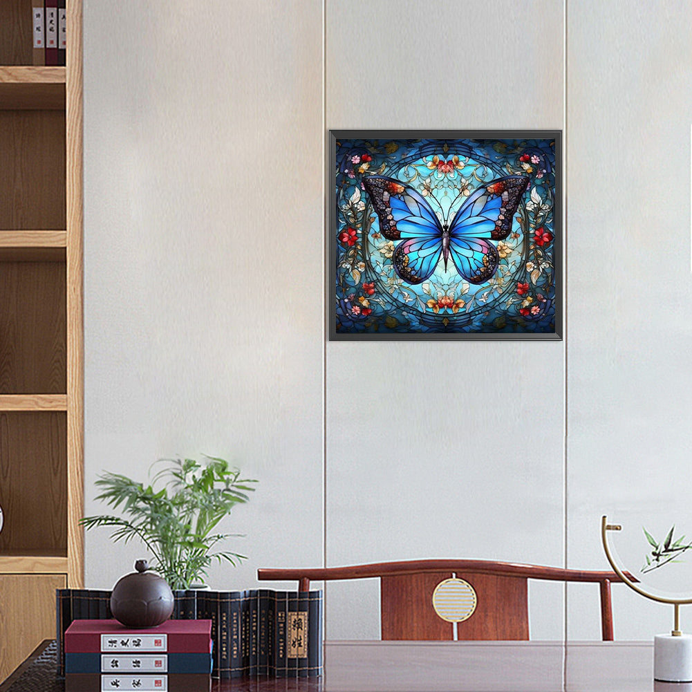 Blue Butterfly Glass Painting - AB Round Drill Diamond Painting 45*40CM