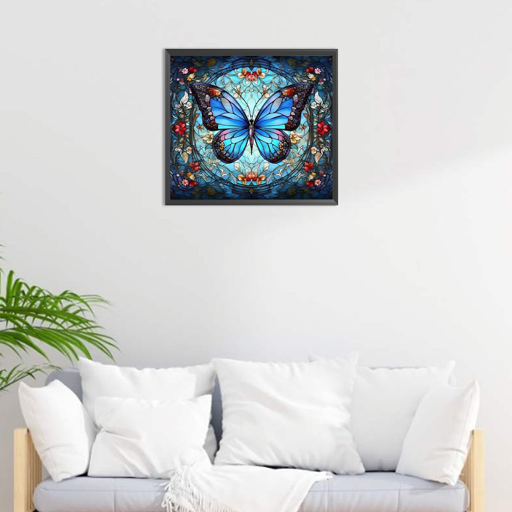 Blue Butterfly Glass Painting - AB Round Drill Diamond Painting 45*40CM