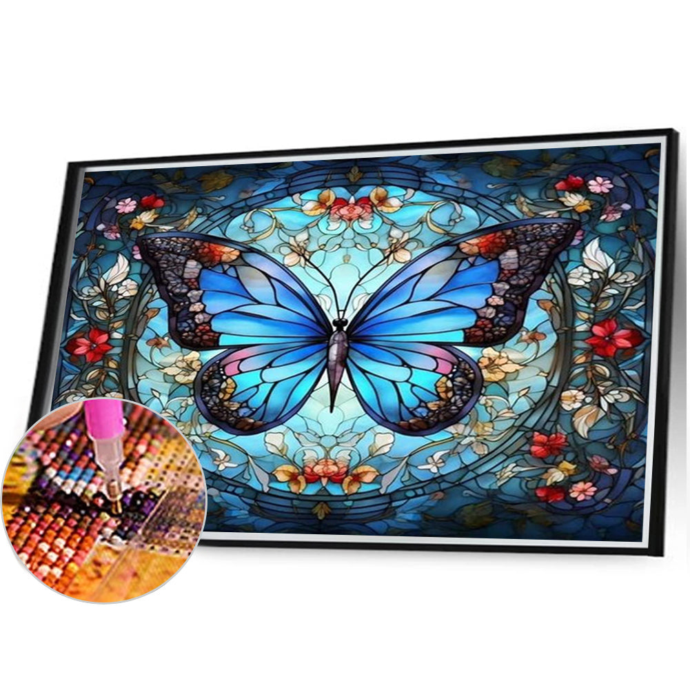 Blue Butterfly Glass Painting - AB Round Drill Diamond Painting 45*40CM