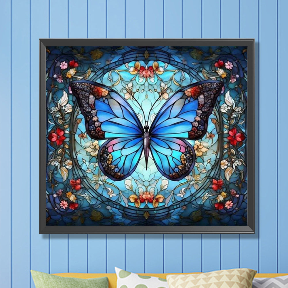 Blue Butterfly Glass Painting - AB Round Drill Diamond Painting 45*40CM