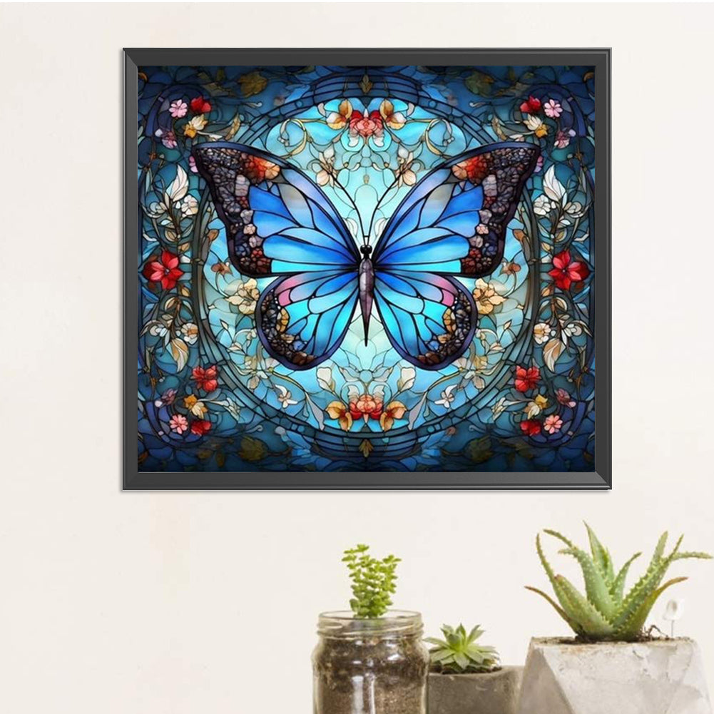 Blue Butterfly Glass Painting - AB Round Drill Diamond Painting 45*40CM