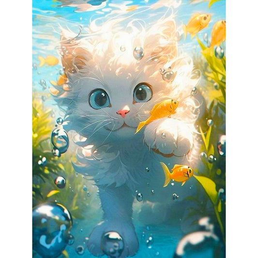 Cat Catching Fish - Full Round Drill Diamond Painting 30*40CM