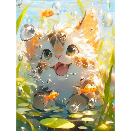 Cat Watching Fish - Full Round Drill Diamond Painting 30*40CM