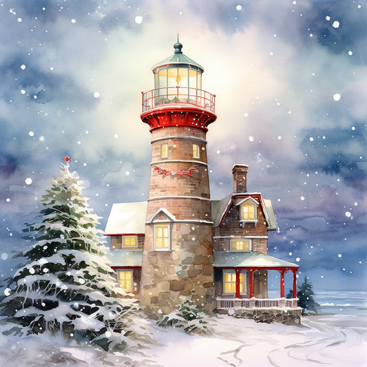 Christmas Winter Snowflake Lighthouse - Full Round Drill Diamond Painting 30*30CM