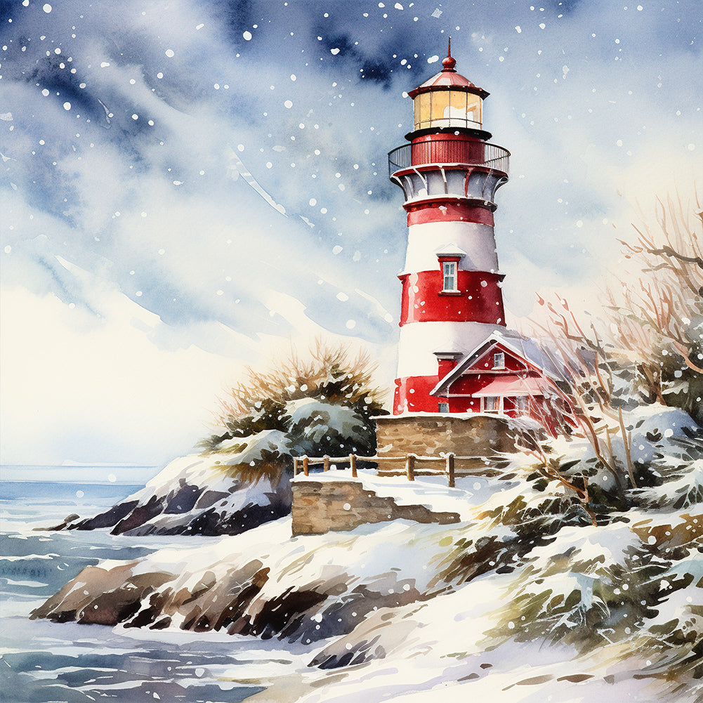 Christmas Winter Snowflake Lighthouse - Full Round Drill Diamond Painting 30*30CM