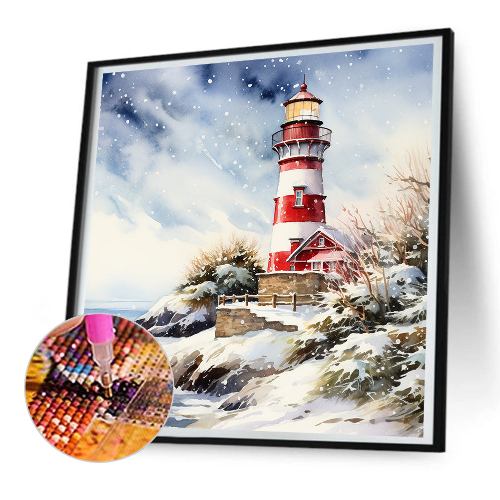 Christmas Winter Snowflake Lighthouse - Full Round Drill Diamond Painting 30*30CM