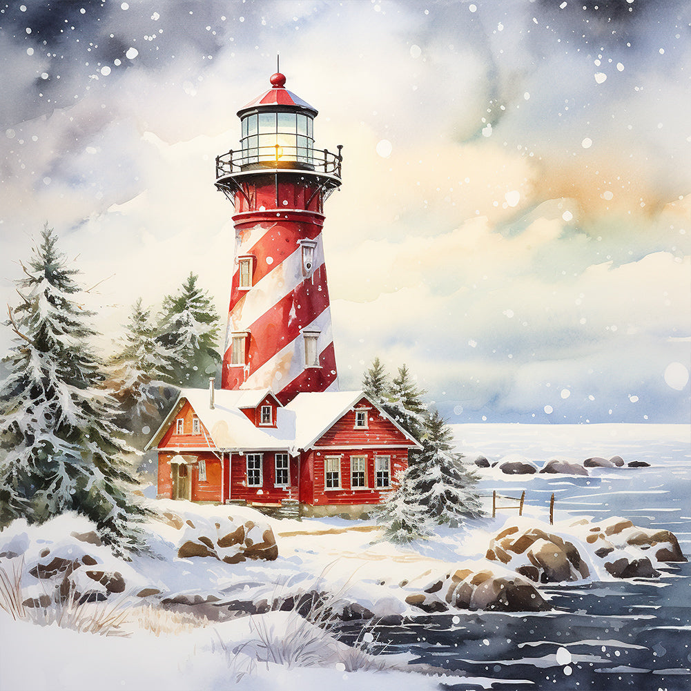 Christmas Winter Snowflake Lighthouse - Full Round Drill Diamond Painting 30*30CM