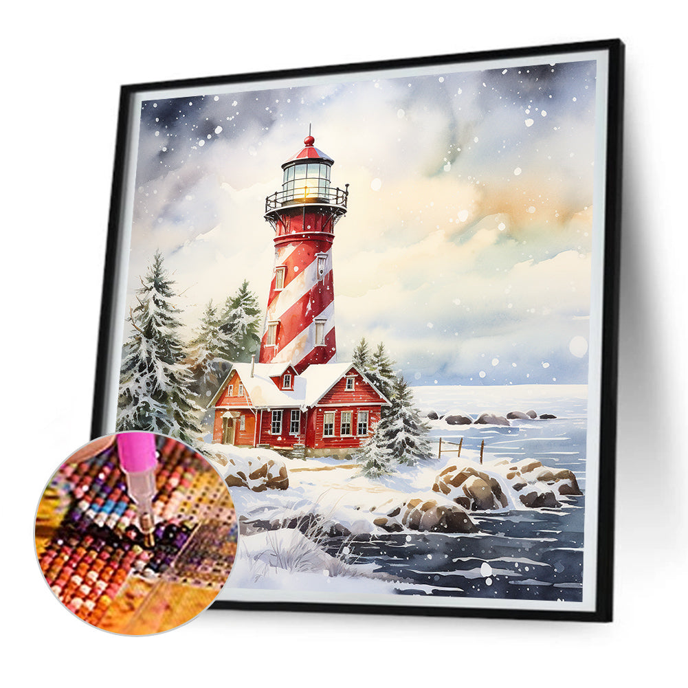 Christmas Winter Snowflake Lighthouse - Full Round Drill Diamond Painting 30*30CM