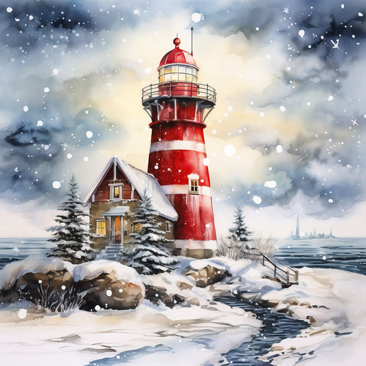 Christmas Winter Snowflake Lighthouse - Full Round Drill Diamond Painting 30*30CM