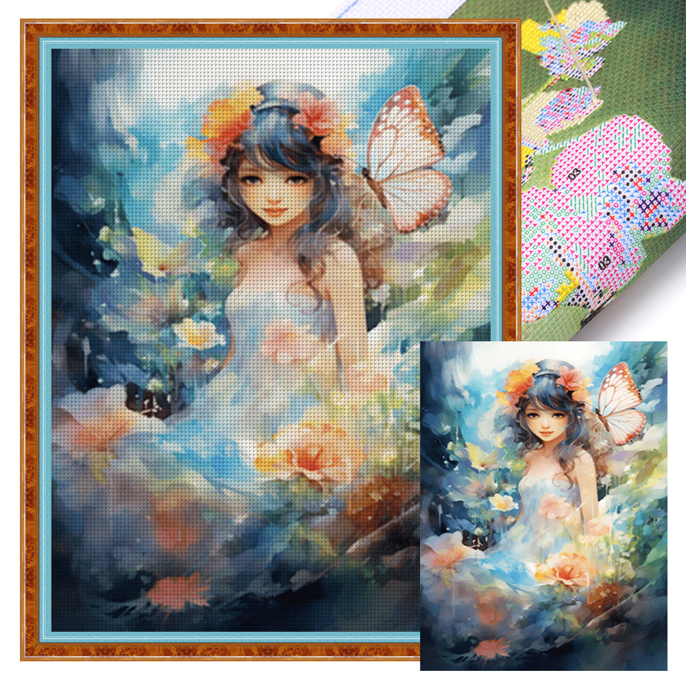 Flowers Butterfly Girl - 14CT Stamped Cross Stitch 45*55CM