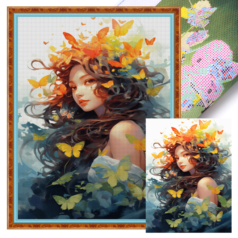 Flowers Butterfly Girl - 14CT Stamped Cross Stitch 45*55CM