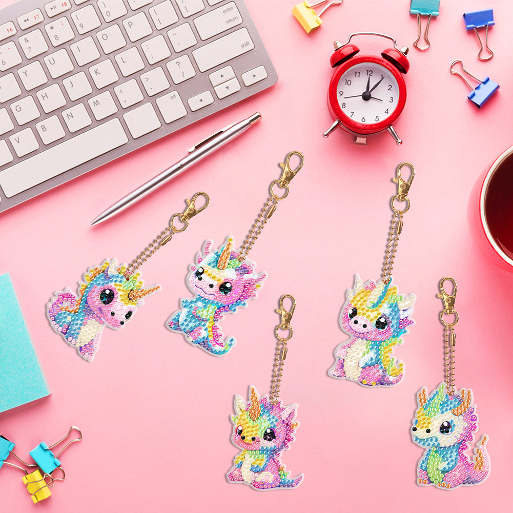 Dinosaur Diamond Art Key Rings Double Sided 6Pcs Keychain Supplies Gift for Kids