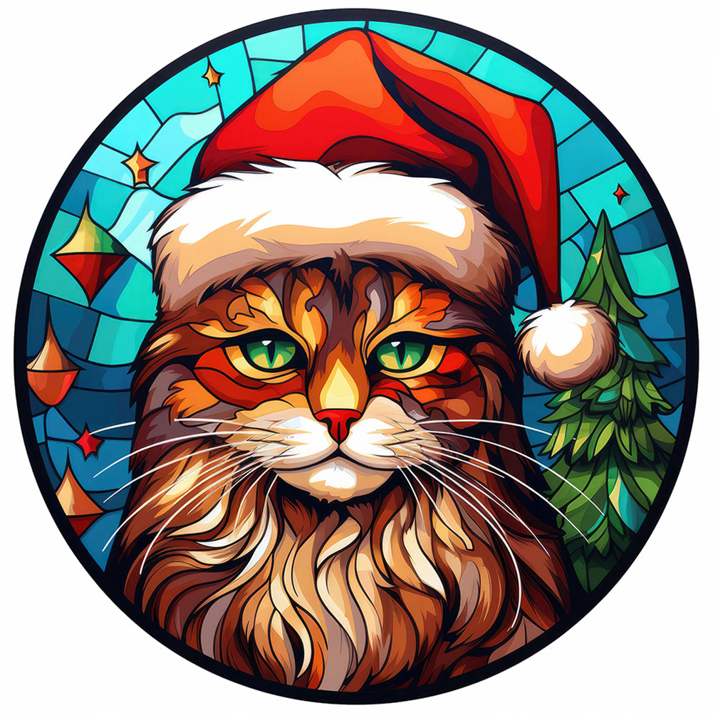 Christmas Cat Glass Painting - Full Round Drill Diamond Painting 30*30CM