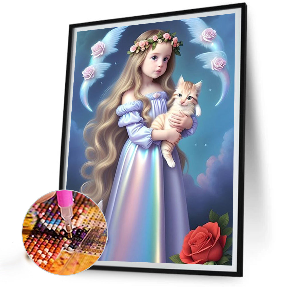 Girl With Cat - AB Round Drill Diamond Painting 40*50CM