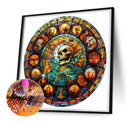 Halloween Pumpkin Skeleton Haunted House Glass Painting - Full Round Drill Diamond Painting 30*30CM