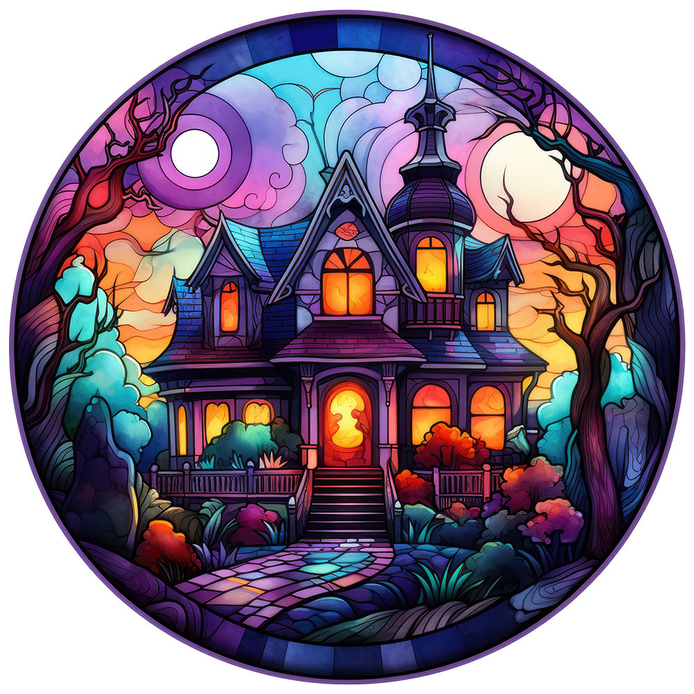 Halloween Pumpkin Skeleton Haunted House Glass Painting - Full Round Drill Diamond Painting 30*30CM