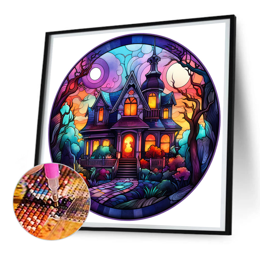 Halloween Pumpkin Skeleton Haunted House Glass Painting - Full Round Drill Diamond Painting 30*30CM