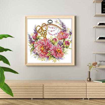 Peony Flower And Female Embroidery Friend - 14CT Stamped Cross Stitch 32*32CM(Joy Sunday)