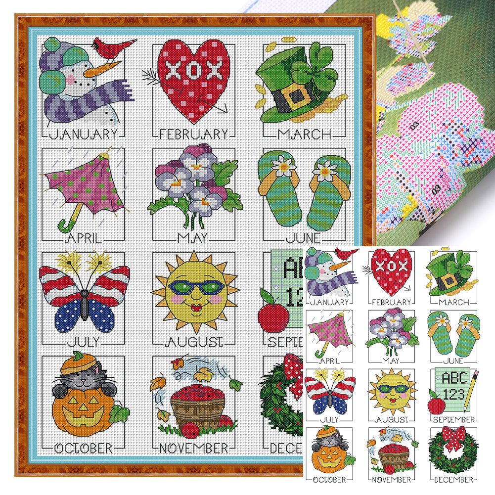 Twelve Months - 14CT Stamped Cross Stitch 30*40CM(Joy Sunday)