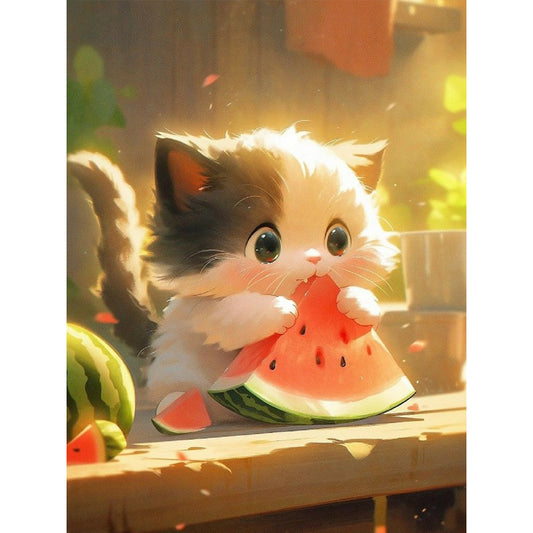 Kitten Eating Watermelon - Full Round Drill Diamond Painting 30*40CM