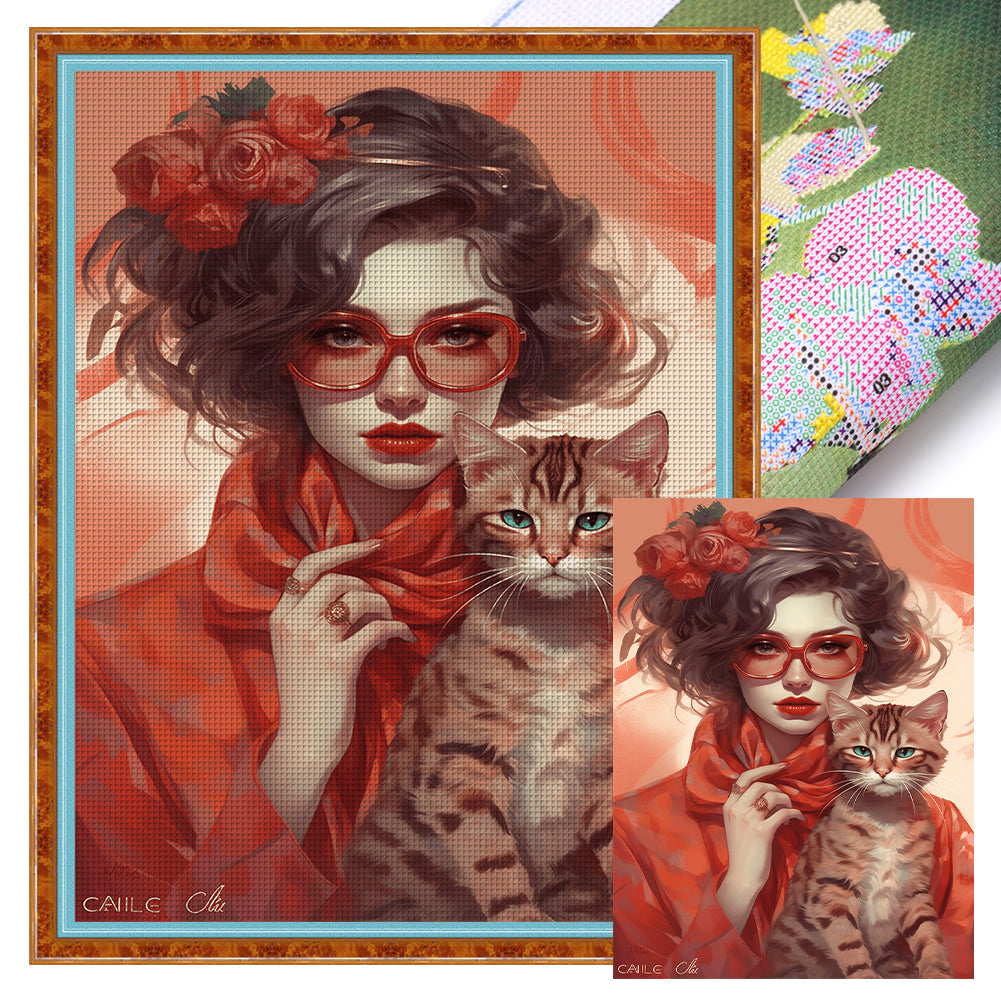 Girl And Cat - 11CT Stamped Cross Stitch 40*55CM