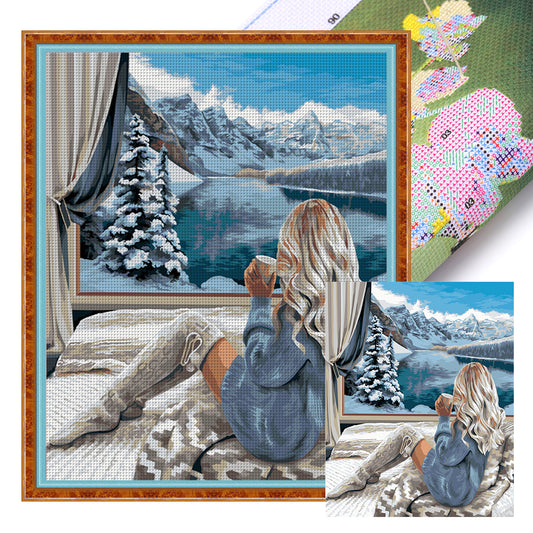 Snow Mountain And Girl - 11CT Stamped Cross Stitch 40*50CM