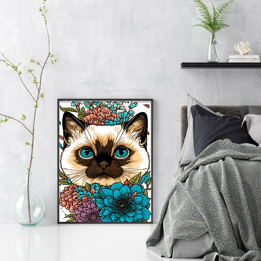 Siamese Cat And Flowers - 11CT Stamped Cross Stitch 40*55CM