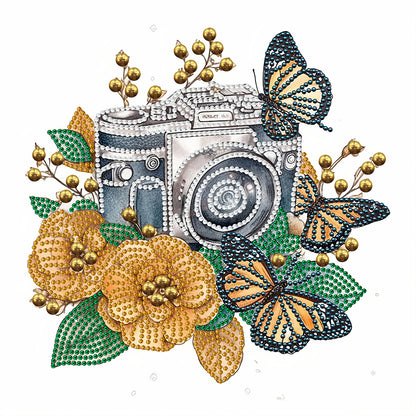 Butterfly Flower Nostalgic Camera - Special Shaped Drill Diamond Painting 30*30CM