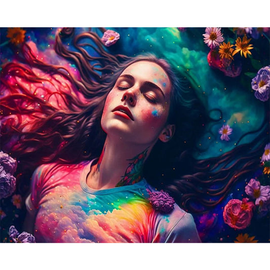 The Girl Wandering In The Sea Of Flowers - AB Round Drill Diamond Painting 50*40CM