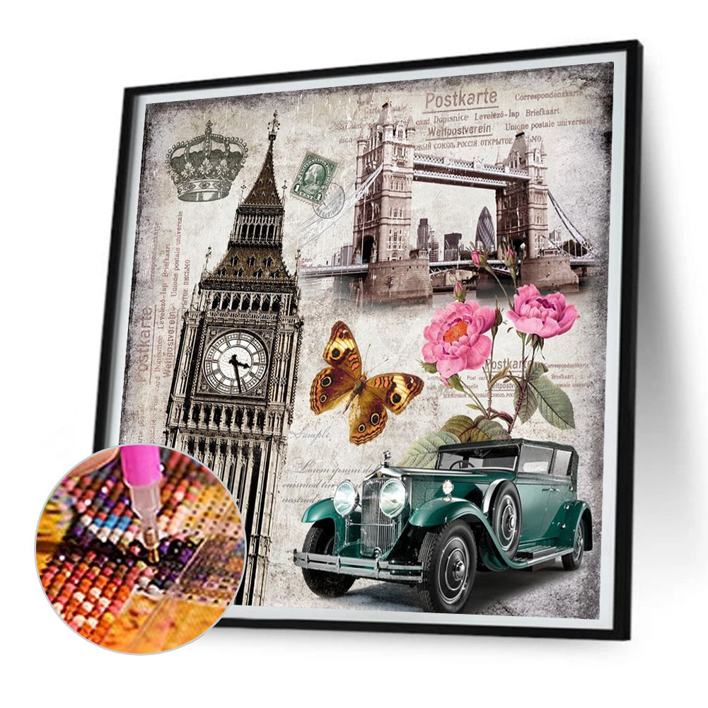 Retro Cars And Characteristic Buildings - Full Round Drill Diamond Painting 30*30CM